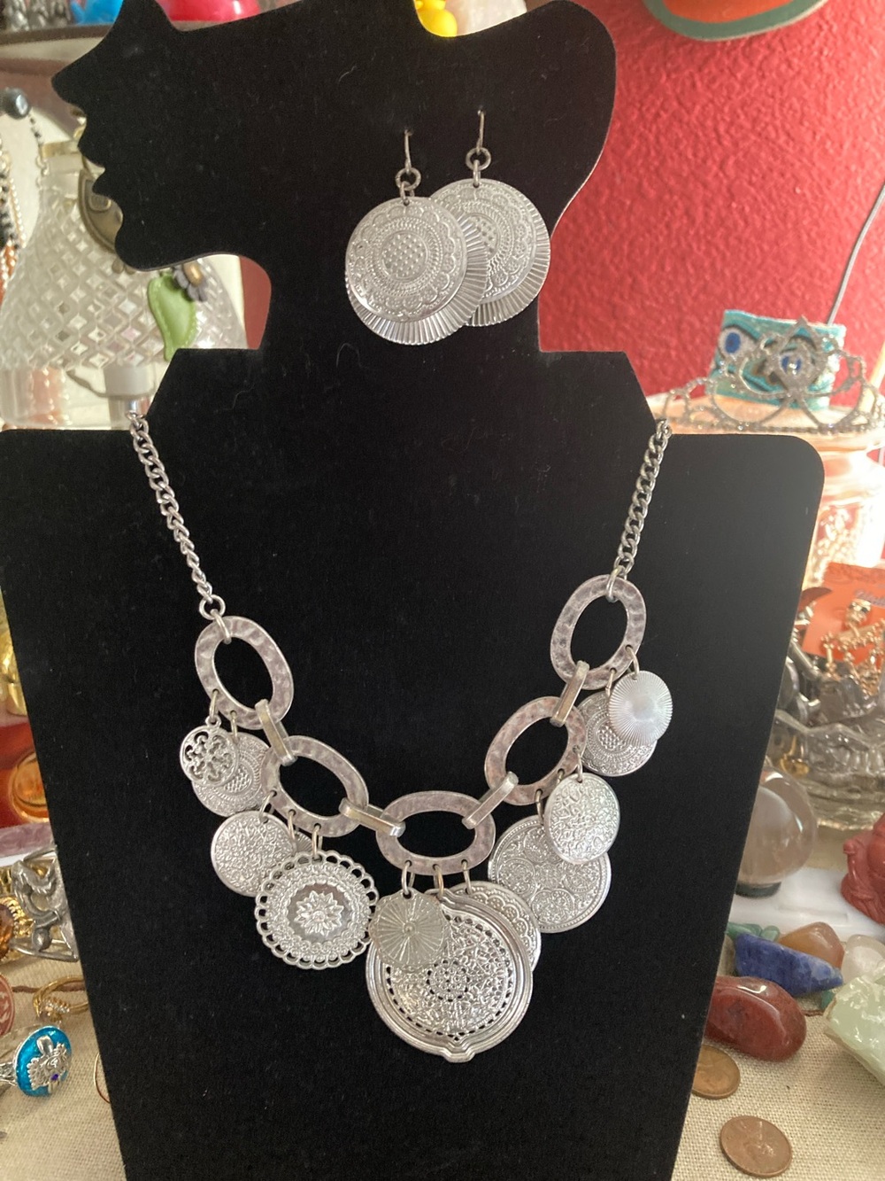Silver-Tone Coin Pendant Necklace and Earrings Set